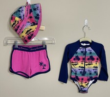 NWT Tommy Bahama Size 2T blue pink long sleeve swimsuit Shorts  Hat set girls