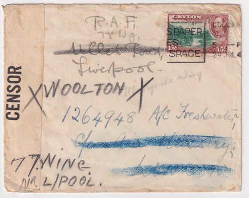 WW2 RAF 77 Wing Liverpool 'Woolton' Redirected Cover from Ceylon 1941