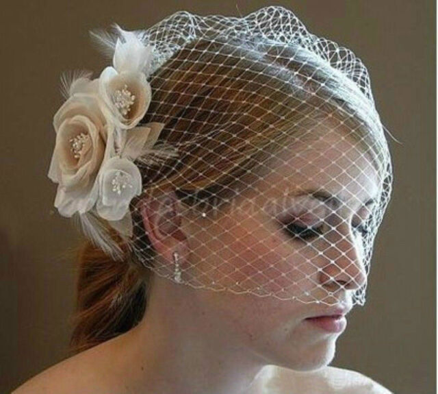Women&#039;s Champagne Flower Fascinator Wedding Bridal Birdcage Face Veil Stock 1PCS