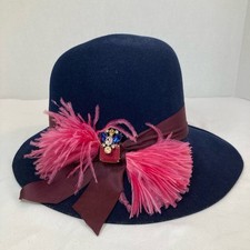 Viintage Hat, Navy Blue Felt, Hot Pink Feathers, Jeweled Brooch, Hand Crafted,