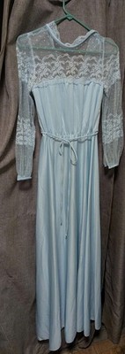 Vintage 70s silky Soft Polyester Romantic Victorian Vibe Lace Maxi Dress 
