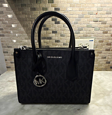 Michael Kors Black MK Signature Satchel Top Handle Zip Bag Detachable Strap