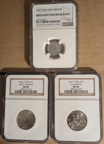 1977 Island Krona NGC Brilliant Unc / 2005 P 25c MS 66 California & W. Virginia 