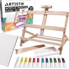 Desk Easel with Acrylic Paints - Table Top Adjustable Wooden Desktop Easel, 1...