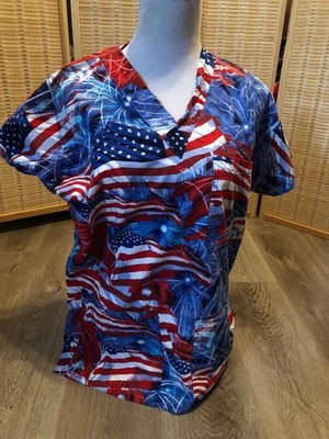 S.C.R.U.B.S  Fourth 4th Of July Holiday Scrubs Scrub Top American Flag Small S