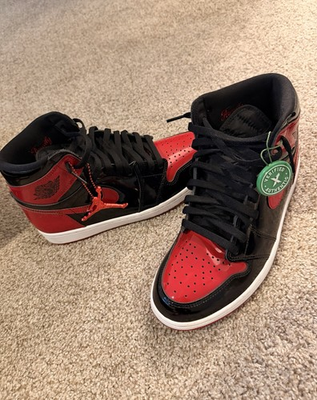 #ad Air Jordan 1 Men#x27;s Size 9.5 Retro High OG Black Varsity Red White Patent Bred $185.00