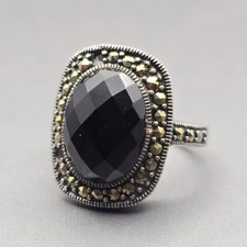 NF Sterling Silver Black Onyx  Marcasite Ring Size 9 Checkerboard Cut 8.92g