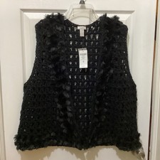 Chico  s BLACK FAUX FUR TRIMMED CROCHET DRESSY SWEATER VEST 4 XXL  NWT