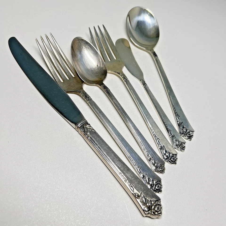 Reliquia de plata esterlina rosa damasco 6 piezas ajuste de lugar Oneida 8,6 oz 1946- Foto 2 de 4