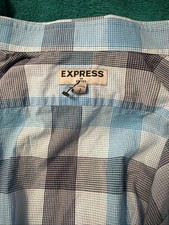Express Fitted Button Up Shirt Men  s Small Blue Plaid Check Long Sleeve