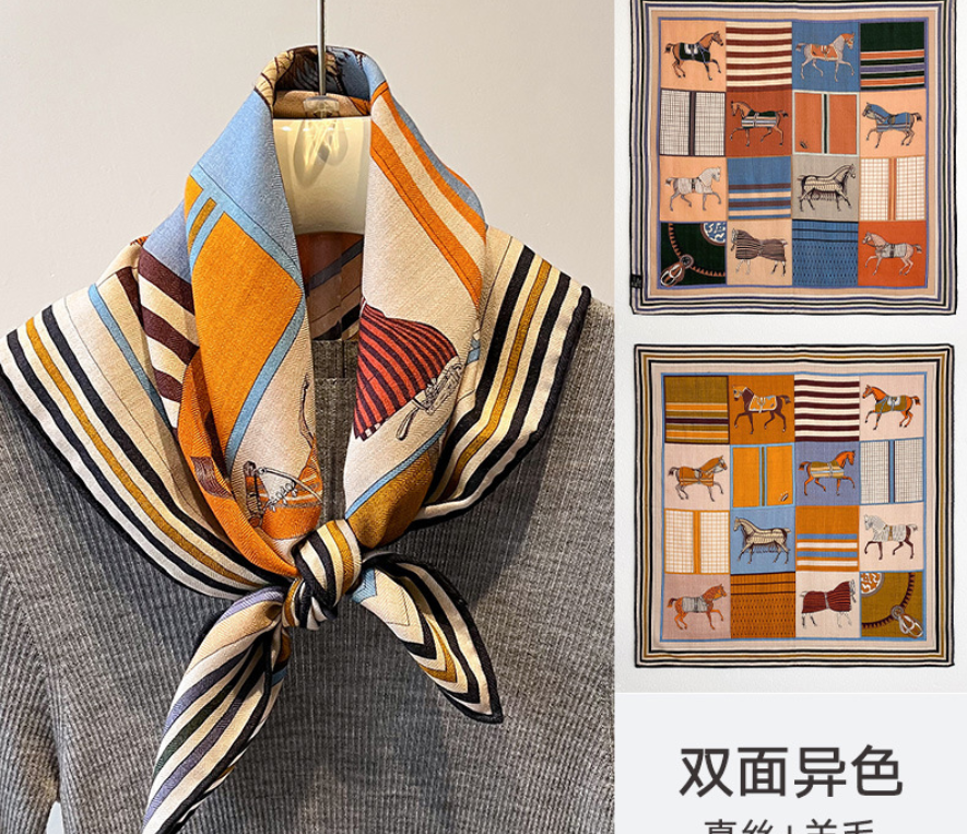 70% Cashmere 30% Silk Double Face Eight Horses Print Scarf 25 Inch Wrap  