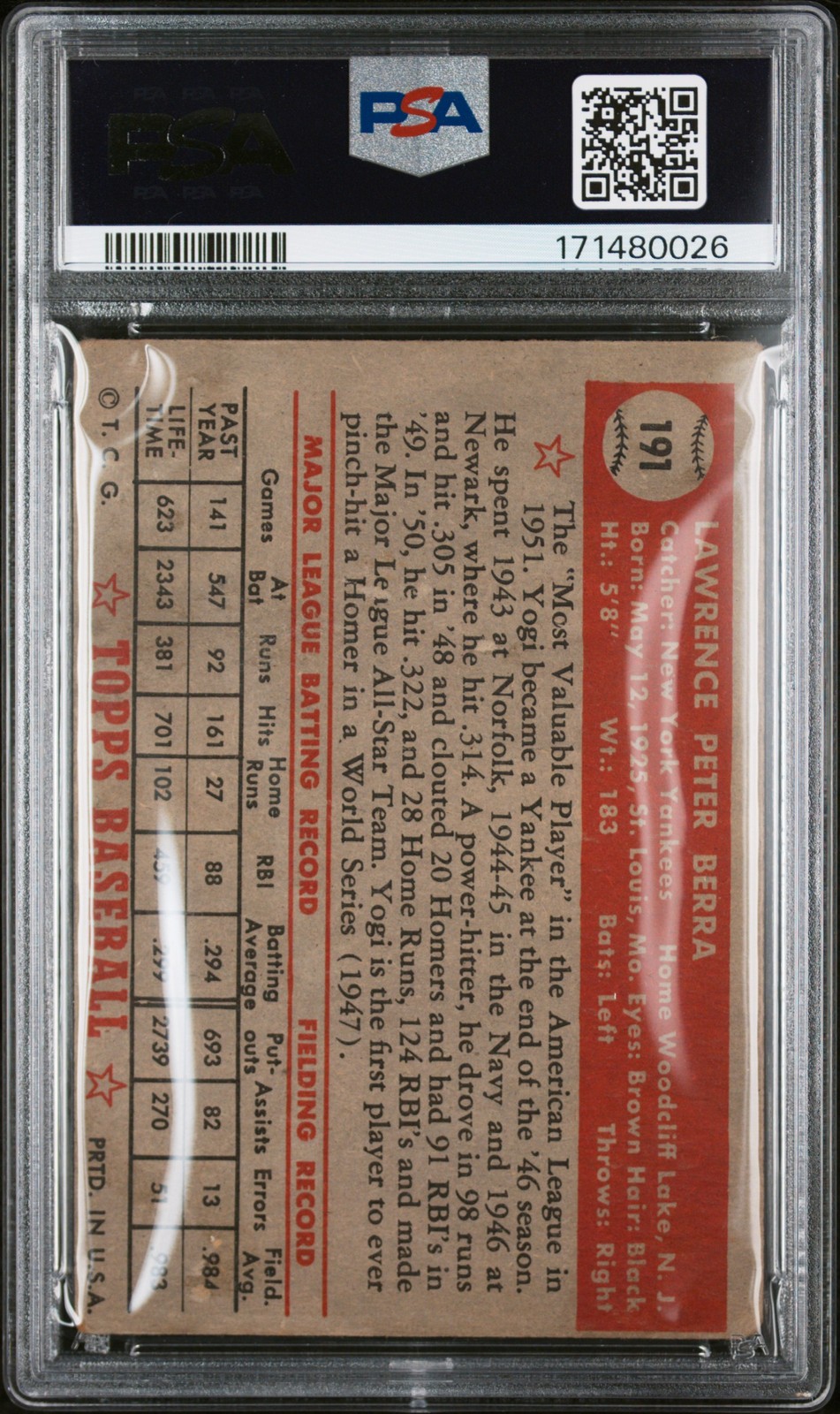 1952 TOPPS #191 YOGI BERRA PSA 2 view 2