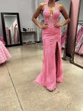 Pink Mesh Beaded Sequin Ballgown Prom Dress Plunge Neckline Slit Backless