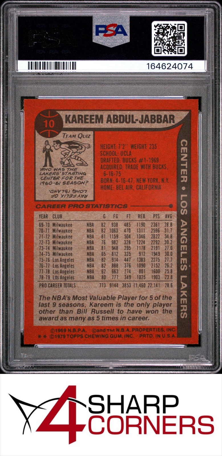1979 TOPPS #10 KAREEM ABDUL-JABBAR LAKERS HOF PSA 7 view 2