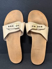 Vintage DR. SCHOLLS WOODEN SLIDE SANDALS Womens Size 10 Light Beige Tan