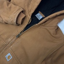 Carhartt Youth Boys S/7-8 Brown Duck Canvas Hooded Work Jacket Zip Fleece Lined