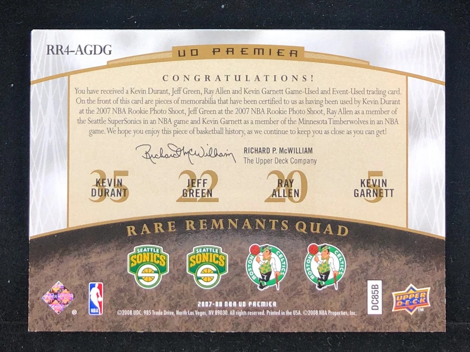 Parche de radiocontrol verde UD Premier Gold 2007 Kevin Durant Ray Allen Kevin Garnett/25 Foto 2 de 2