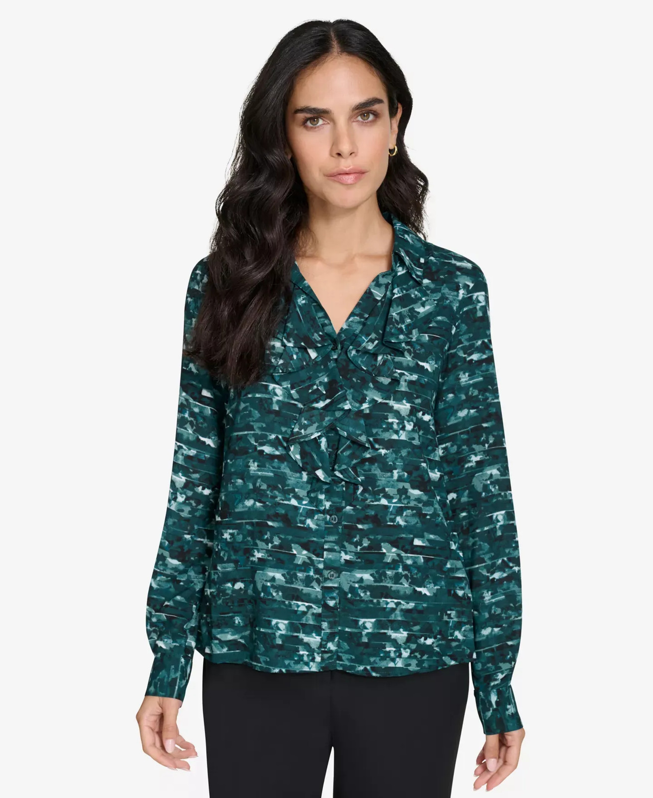 Calvin Klein Women's Top Sz M Printed Ruffle-Trim Button-Front