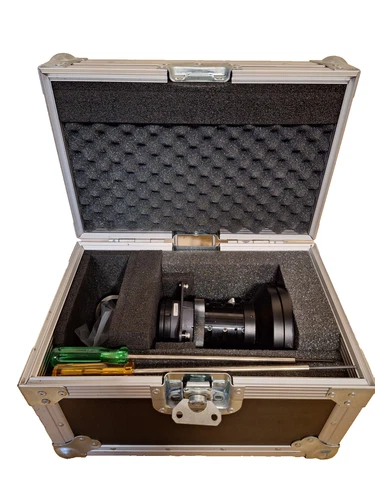 Short throw wide angle 0.8:1 projector lens in heavy duty transit case.