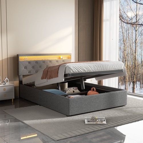 RGB-LED Polsterbett Doppelbett 160x200 mit Ladestation Stauraumbett Bettgestell - Bild 12 von 21