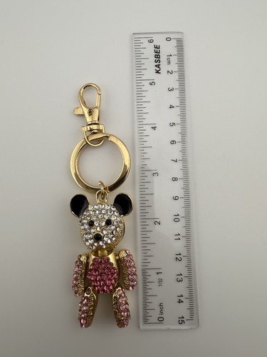 Bolso de oso de peluche multicolor rosa y transparente estrás tono dorado encanto/llavero - Imagen 9 de 10