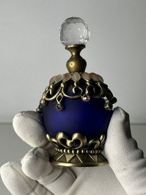 Vintage Kobaltblau Glas & Zinn Parfüm Flakon Gold Manschette Rosa Edelstein Diamant Schraubverschluss