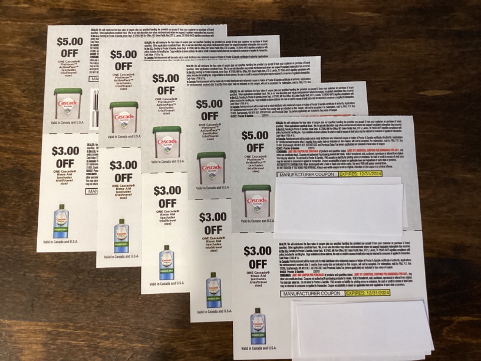 Lot of 5 coupons 5 OFF Cascade Platinum ActionPacs and 3 OFF Rinse