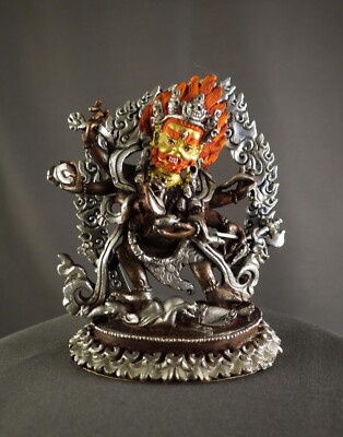 Gold Face Hand Paint Buddhism Lord Six Hand Black Mahakala Bhairav Statue Figure