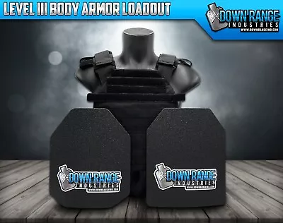 DOWN RANGE INDUSTRIES AR500 Level 3 III Body Armor Plates - 10x12 with Molle Vest - Med-2XL Adjustable