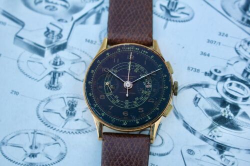 1940 SERVICED VINTAGE CHRONOGRAPHE SUISSE 18K SOLID GOLD WATCH BLACK SECTOR DIAL