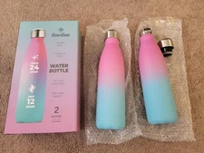 Finedine Double Wall Stainless Steel Water Bottle 2 Pack Pink Blue Ombre 17oz
