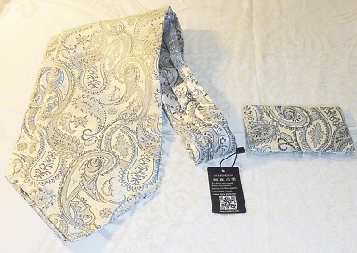 SCHÖNE HOCHWERTIGE HISDERN KRAWATTE & TASCHENTUCH GRAU SEIDE PAISLEY HOCHZEIT RENNEN