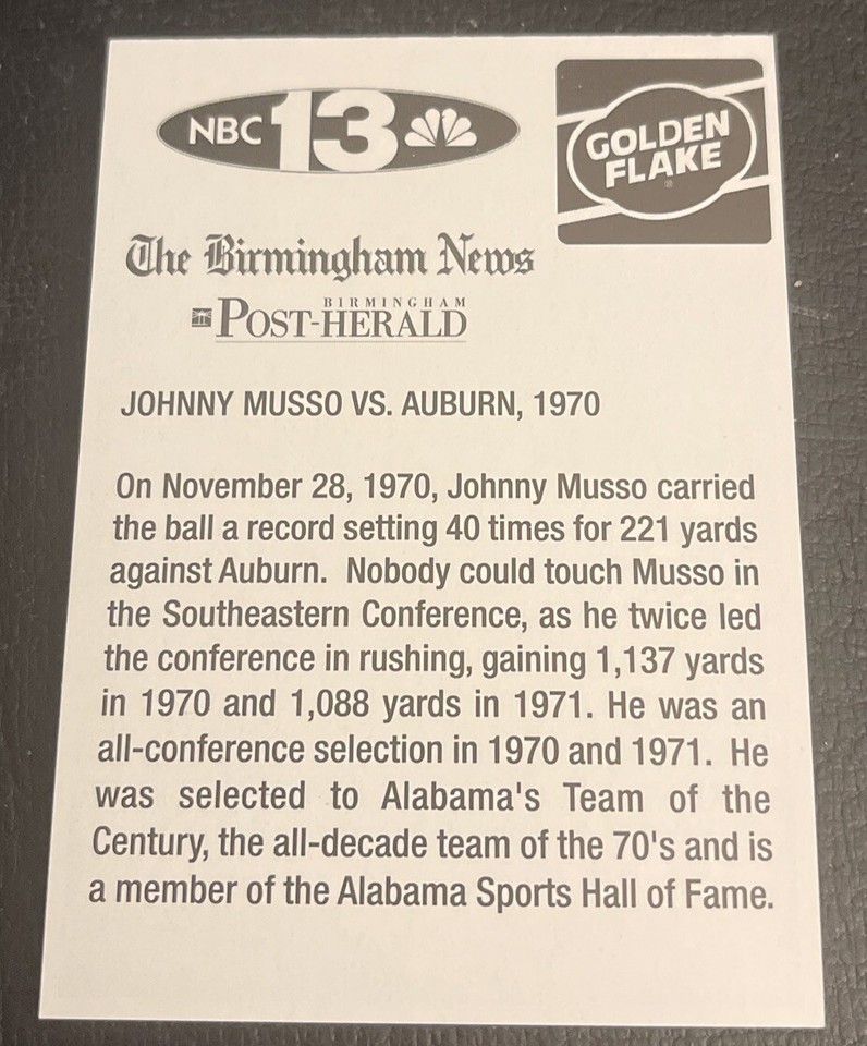 JOHNNY MUSSO / ALABAMA FOOTBALL CARD / RARE / CRIMSON TIDE / MUST SEE