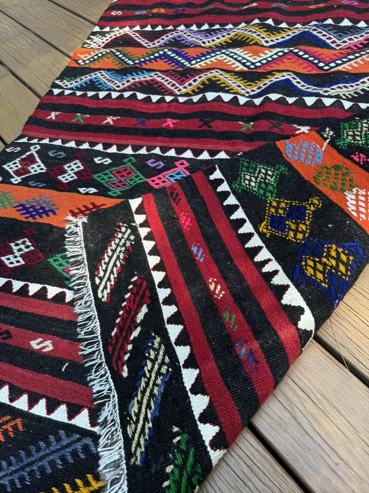 Alfombra Kilim turca geométrica a rayas 4x6 pies, alfombra Kilim vintage alfombra Oushak, colorida Foto 3 de 4