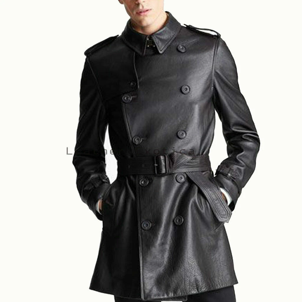 Men Genuine Lambskin Real Leather Trench Coat Long Button Belted