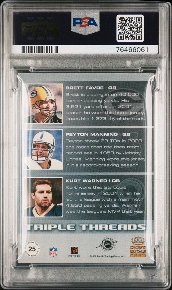 2002 Crown Royale Brett Favre Peyton Manning Warner Triple Threads Jersey PSA 7 - Image 2 of 2