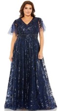 Mac Duggal Floral Gown Dress Size 14 Blue Embroidered Sequin Tulle 20469 $798
