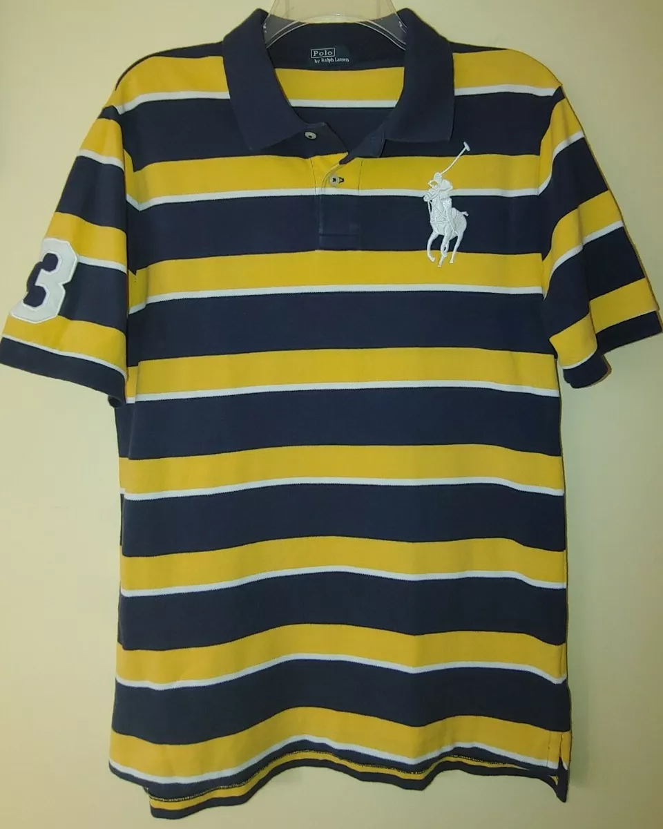 Polo Ralph Lauren Polo Shirt Navy Yellow Stripes Big Pony Logo 3 size M
