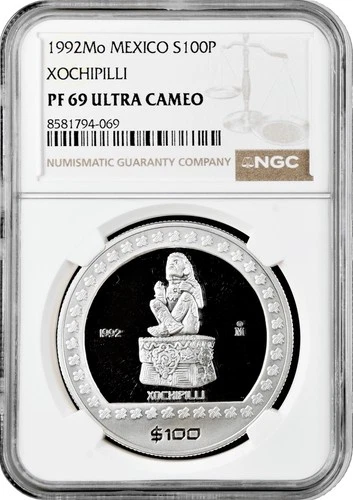 Mexico 100 pesos 1992 Mo, NGC PF69 UC, "Pre-Columbian - Xochipilli" silver coin