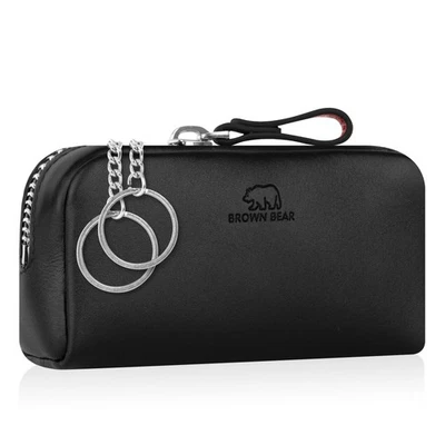 Brown Bear Schlüsseletui 2 Ketten Echtleder Münzfach Groß Schwarz Nappa