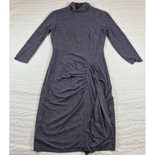 Vince Camuto Glittr Knit Bodycon Dress 6 Mock Neck Ruched Metallic Grey Cocktail