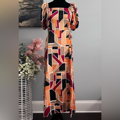 KARL LAGERFELD PARIS Women's Geo-Print Square-Neck Puff-Sleeve Maxi Dress Size 4