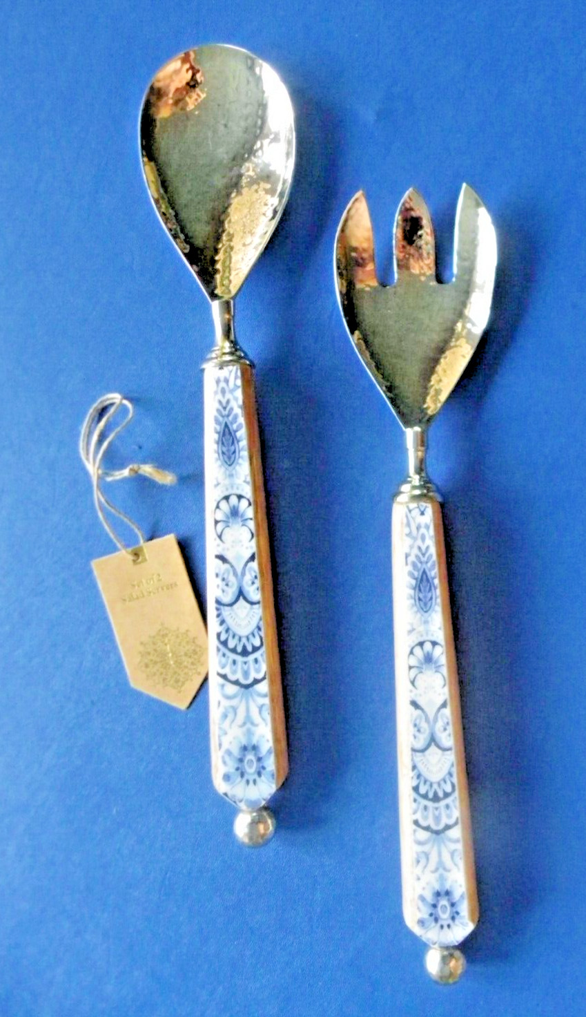 Salad Serving Set Spoon & Fork Enamel Blue/White Handcrafted