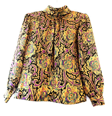 Vintage 80s NICOLA Women s Satin Blouse Size 8 Gold Paisley High Neck