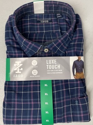 NEW IZOD Men's Luxe Touch Long Sleeve Plaid Button Up Shirt BLUE/PURPLE Logo XL