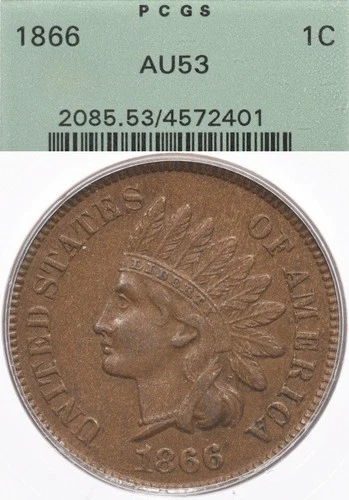 1866 1C PCGS AU53 OGH Indian Head Cent Old Green Holder PQ