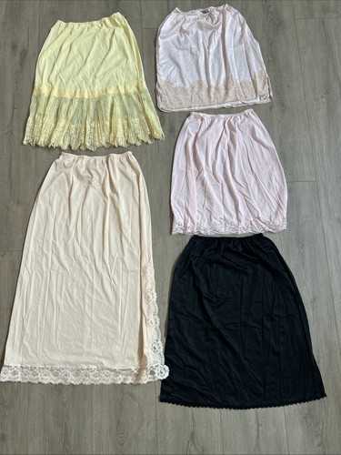 Lot of 5 Vtg Silky Nylon Lace Half Slips Made in USA Pink peach, yellow black