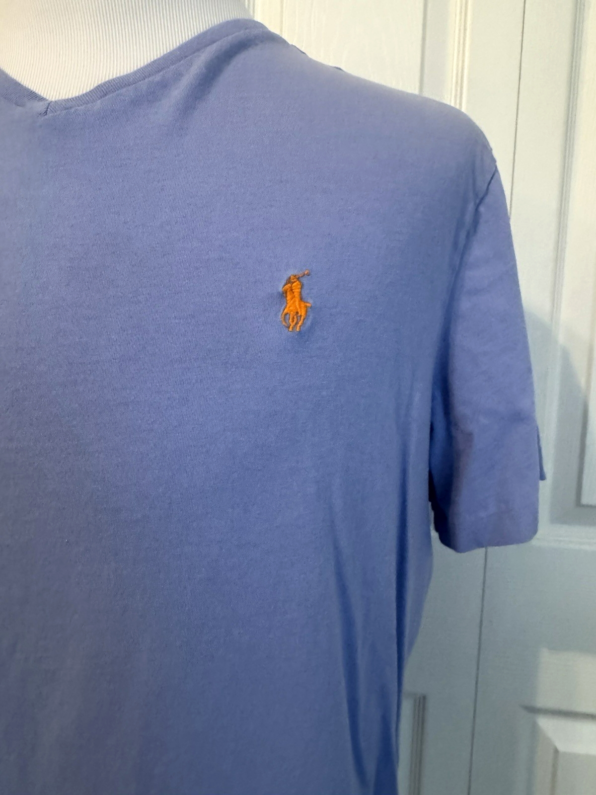 PONY Polo Ralph Lauren maglietta uomo manica corta scollo a V XL blu con frangia arancione