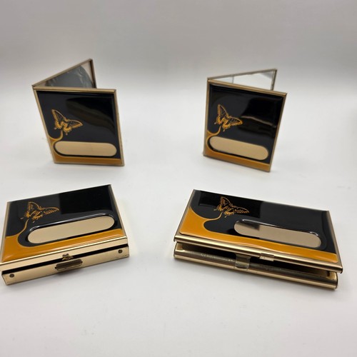 Vtg MCM Butterfly Enamel Vanity Set 4pc Pill Box Card Case Mirror Picture Frame
