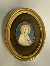 antica miniatura dipinta VERGINE MARIA sacra icona Madonna CORNICE OVALE DORATA